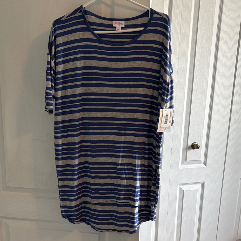 LuLaRoe Irma Blue and Gray Striped Top